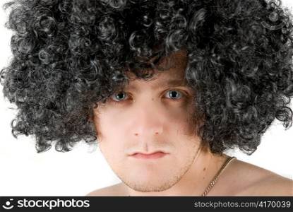 Closeup portrait of a frizzy young man on a white background