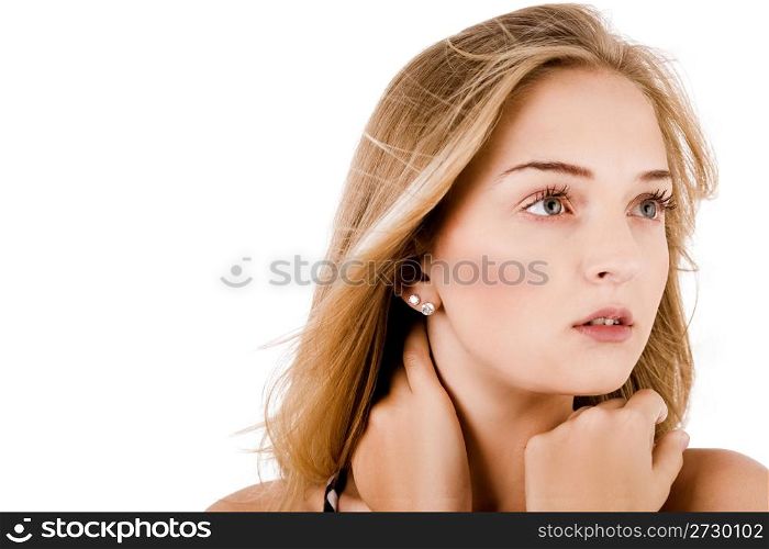Closeup portrait of a young beautiful women on a white background