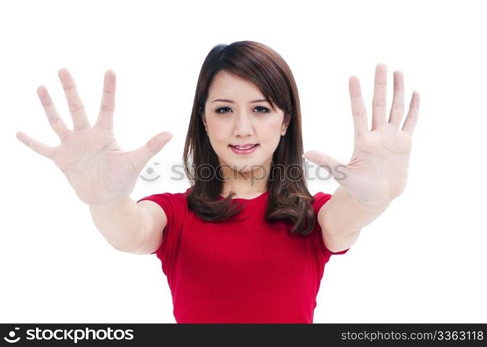 Closeup portrait of a young woman showing hands isolated on white background