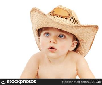 Closeup portrait of adorable baby boy wearing cowboy hat isolated on white background, happy childhood concept