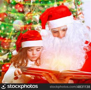 Closeup portrait of adorable baby girl with Santa Claus sitting near beautiful Christmas tree background and reading magical winter fairytale, happy childhood concept
