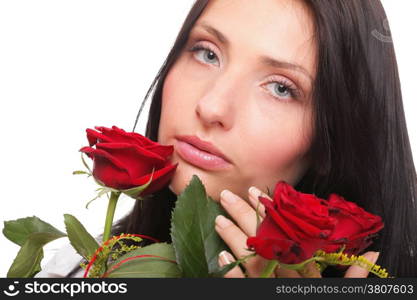 Closeup portrait of an attractive young woman holding a red rose