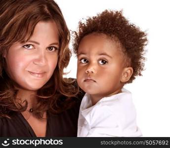 Closeup portrait of beautiful african woman holding on hands her little son, isolated on white background, family love concept