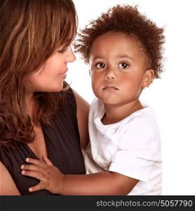Closeup portrait of beautiful african woman holding on hands her little son, isolated on white background, family love concept