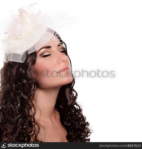 Closeup portrait of beautiful bride with closed eyes isolated on white background, fashionable hairstyle, stylish makeup, pleasure concept