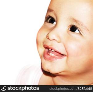 Closeup portrait of beautiful happy baby face over white background