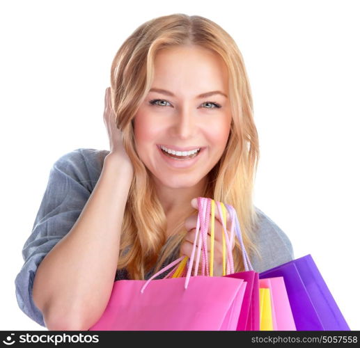 Closeup portrait of beautiful happy girl with colorful shopping bag isolated on white background, season sales concept