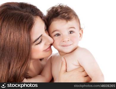 Closeup portrait of beautiful mother holding on hands cute little baby isolated on white background, happy young family, love and tenderness concept
