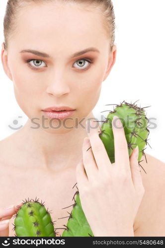 closeup portrait of beautiful woman with cactus