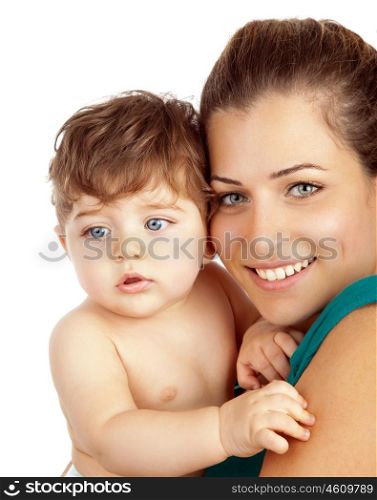 Closeup portrait of beautiful young mother with son, pretty mommy holding cute baby boy, attractive adult woman hugging sweet toddler, cute mom and adorable little child isolated on white background
