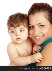 Closeup portrait of beautiful young mother with son, pretty mommy holding cute baby boy, attractive adult woman hugging sweet toddler, cute mom and adorable little child isolated on white background