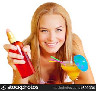 Closeup portrait of beautiful young woman with sunscreen and tasty alcohol cocktail isolated on white background, summer holiday and vacation concept