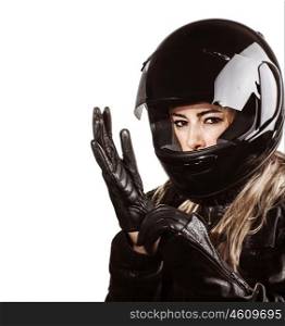 Closeup portrait of blond woman wearing motorsport outfit, isolated on white background, shiny black helmet and leather gloves, protective clothing&#xA;