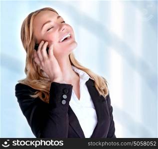 Closeup portrait of cheerful smiling businesswoman talking on phone, making deal, professional communication, business and success concept