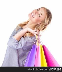 Closeup portrait of cheerful young lady enjoying new purchase, isolated on white background, positive facial expression, sales concept