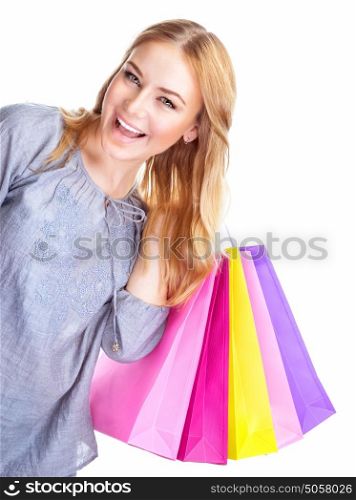 Closeup portrait of cheerful young lady enjoying new purchase, isolated on white background, positive facial expression, sales concept