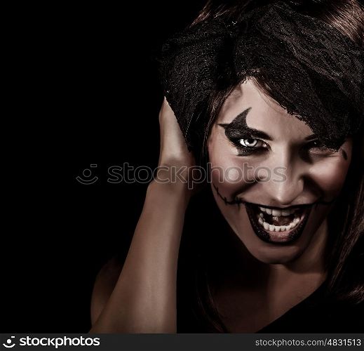 Closeup portrait of creepy vampire woman yelling, terrifying facial expression, open mouth, aggresive makeup, Halloween carnival concept