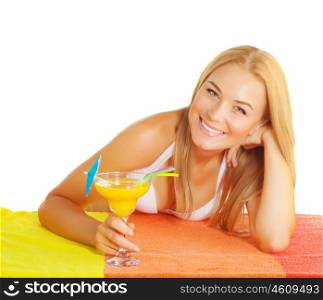 Closeup portrait of cute blond woman drinking fruits cocktail isolated on white background, enjoying alcohol beverage, tropic juice, summer holiday and vacation concept