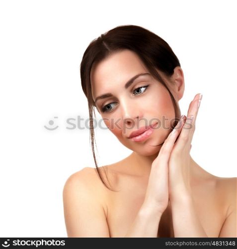 Closeup portrait of cute dreamy woman isolated on white background, beauty treatment, facial cosmetics, luxury spa salon