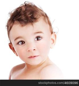 Closeup portrait of cute little baby boy isolated on white background, innocent precious child, face with a copy space for text