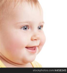 Closeup portrait of cute little baby face isolated on white background, positive emotions, happy healthy childhood