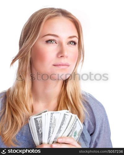 Closeup portrait of cute serious girl holding in hands a lot of money isolated on white background, business and wealth concept