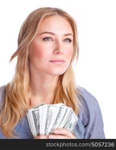 Closeup portrait of cute serious girl holding in hands a lot of money isolated on white background, business and wealth concept