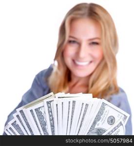Closeup portrait of cute smiling girl winning money, financial prize in lottery, isolated on white background, wealth concept