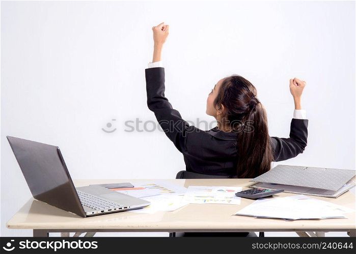 Closeup portrait of cute young relaxed business woman from behind open hand up with glad success.