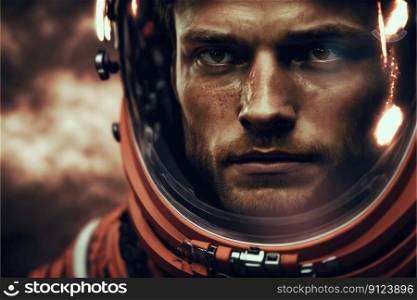 Closeup portrait of futuristic astronaut futuristic on mars background. Created by the top of helmet on red planet in mysteries space concept. Finest generative AI.. Closeup portrait of futuristic astronaut futuristic on mars background.