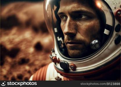 Closeup portrait of futuristic astronaut futuristic on mars background. Created by the top of helmet on red pla≠t in mysteries space concept. Fi≠st≥≠rative AI.. Closeup portrait of futuristic astronaut futuristic on mars background.