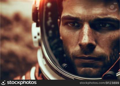Closeup portrait of futuristic astronaut futuristic on mars background. Created by the top of helmet on red planet in mysteries space concept. Finest generative AI.. Closeup portrait of futuristic astronaut futuristic on mars background.