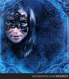 Closeup portrait of gorgeous snow queen in snowy night looking through window, misterious woman looking wearing beautiful mask, fairy tale concept