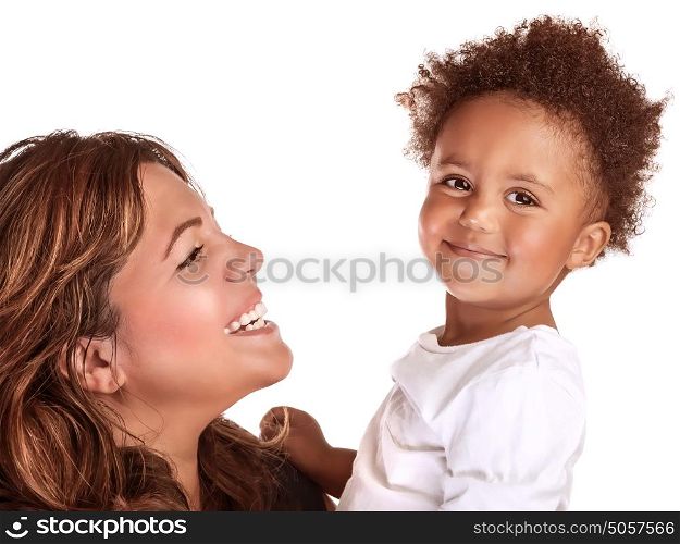 Closeup portrait of happy cheerful African family isolated on white background, young mother looking on her son, love concept