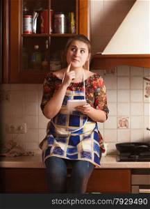 Closeup portrait of housewife remembering recipe of dish