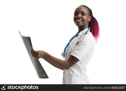 Closeup portrait of intellectual african woman healthcare doctor with white labcoat, looking at brain x-ray radiographic image, ct scan, mri, isolated white background. Radiology department