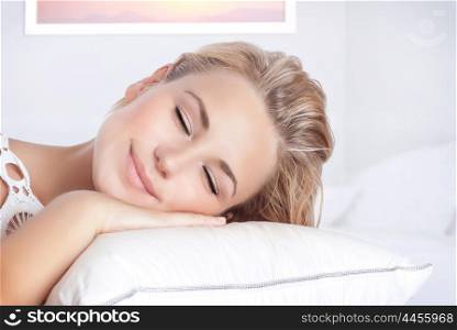 Closeup portrait of nice female sleeping in bedroom at home, calm peaceful bed time, healthy lifestyle, conception of relaxation