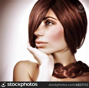 Closeup portrait of of gorgeous model with fashionable hairstyle, healthy long hair, looking on side, stylish hairdo, luxury hairdressing salon