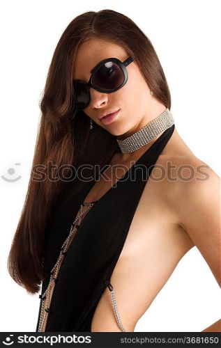 closeup portrait of pretty brunette with long dark hair sunglasses and jewellery