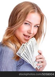Closeup portrait of pretty woman with leer holding in hands a wad of dollars isolated on white background, spending money with pleasure concept