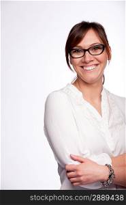 Closeup portrait of smiling young woman wearing glasses isolated on glaucous background