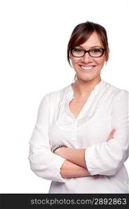 Closeup portrait of smiling young woman wearing glasses isolated on white background