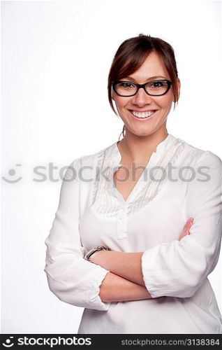 Closeup portrait of smiling young woman wearing glasses isolated on white background