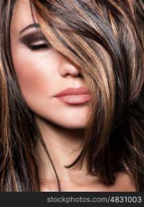 Closeup portrait of stylish gorgeous super model, beautiful makeup and glossy brown hair, luxury hairstyling salon