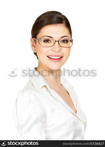 Closeup portrait of the beautiful happy young woman in glasses and white office shirt- isolated on white background&#xA;
