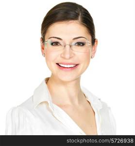 Closeup portrait of the beautiful happy young woman in glasses and white office shirt- isolated on white background&#xA;