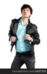 Closeup portrait of the beautiful young sexual man in a leather jacket, on a white background