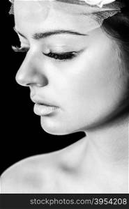 Closeup portrait of young beautiful woman, black and white image
