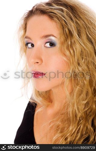 Closeup portrait of young blond woman with curly hair 