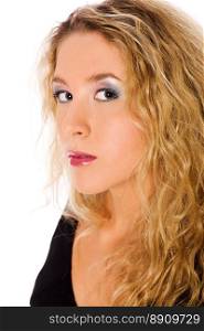 Closeup portrait of young blond woman with curly hair 
